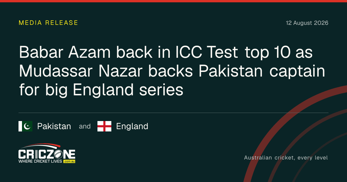CricZone editorial cover. Babar Azam back in ICC Test top 10 as Mudassar Nazar backs Pakistan captain for big England series. Pakistan and England.