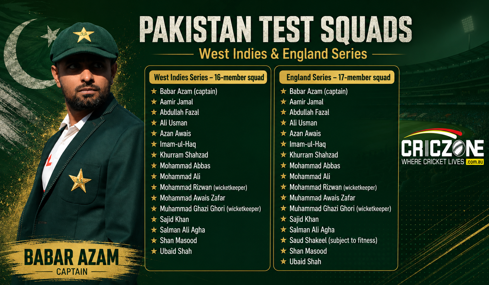 Pakistan Test squads for West Indies and England tours